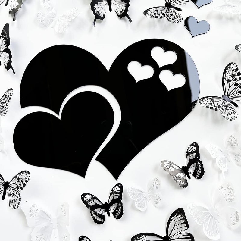 TVPHLLY 3D Crystal Butterfly and Acrylic Mirror Hearts Wall Stickers with Adhesive Art Decal Satin Paper Baby Kids Bedroom Home DIY Decor Removable Stickers (36 Butterfly and Black Heart) - Image 1